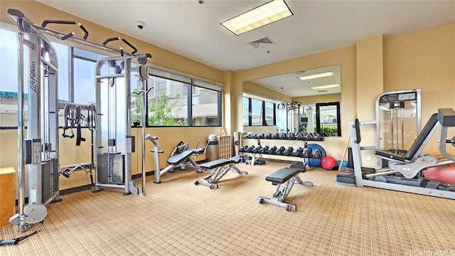 exercise room with light colored carpet