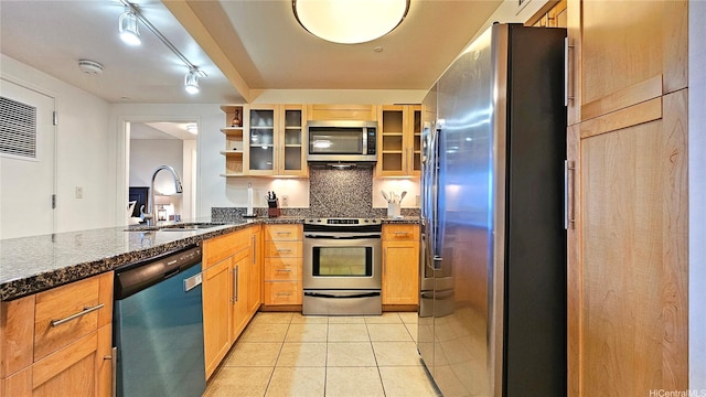 600 Queen St Unit 1405, Honolulu, HI 96813 - kitchen with appliances with stainless steel finishes, backsplash, light tile patterned floors, glass insert cabinets, and open shelves
