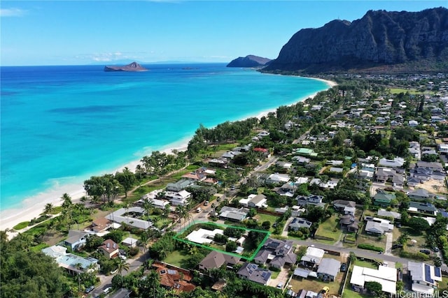 bird's eye view featuring a water and mountain view