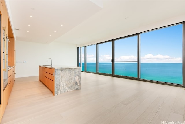 kitchen featuring expansive windows, a water view, and light wood-type flooring