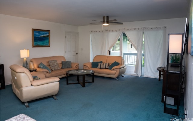 living room featuring carpet floors and ceiling fan