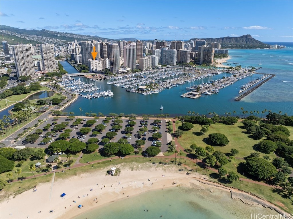 birds eye view of property featuring a water and mountain view