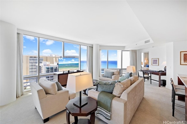 carpeted living room with expansive windows