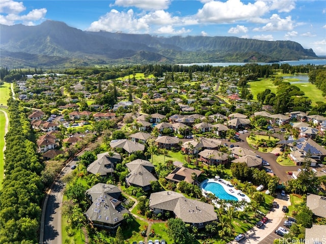 bird's eye view featuring a water and mountain view