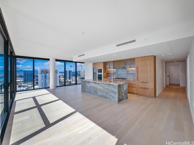 kitchen with sink, light hardwood / wood-style flooring, a wall of windows, a kitchen island with sink, and backsplash