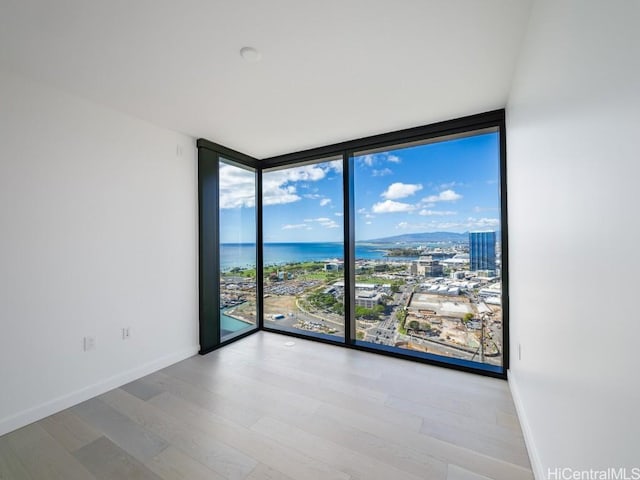 unfurnished room with a water view, floor to ceiling windows, plenty of natural light, and light hardwood / wood-style floors