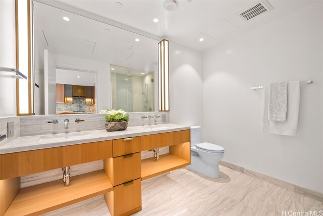 bathroom with vanity, decorative backsplash, toilet, walk in shower, and wood-type flooring