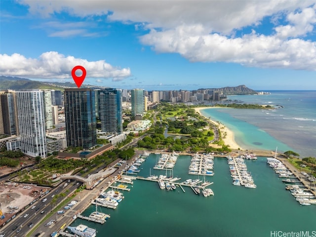 drone / aerial view featuring a water view and a beach view