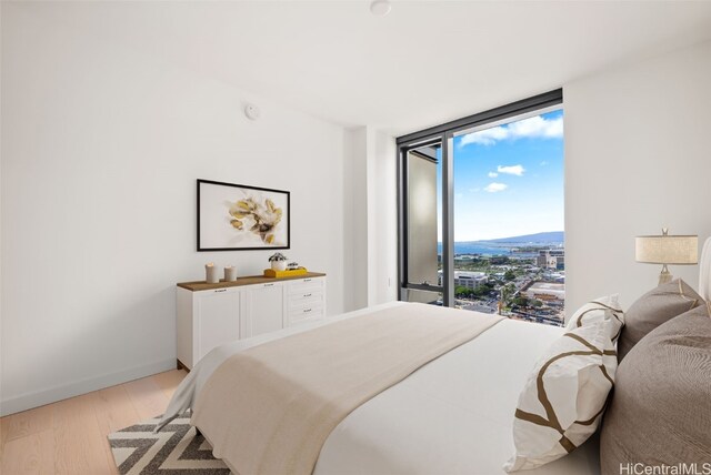 bedroom featuring a mountain view, light hardwood / wood-style floors, and a wall of windows