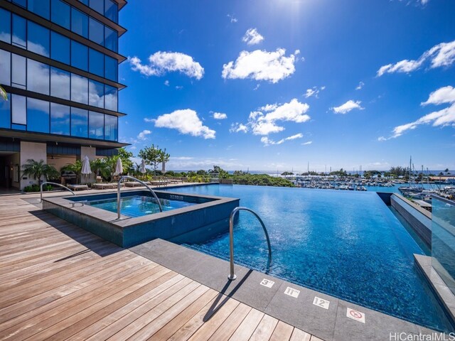 view of pool featuring a jacuzzi and a water view