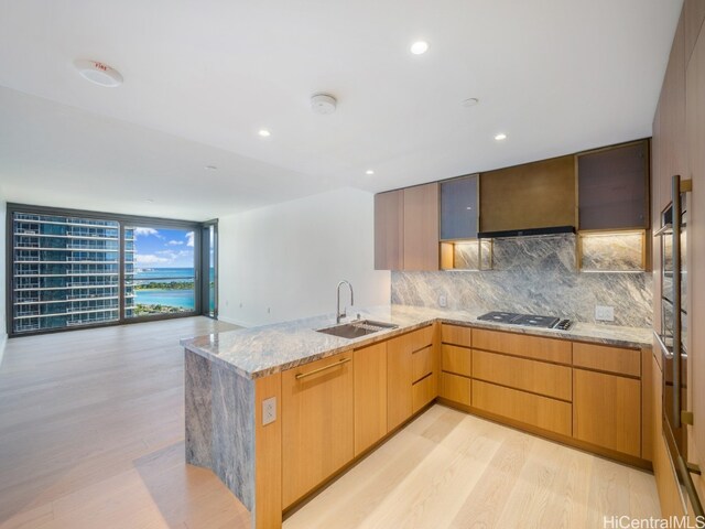 kitchen with backsplash, sink, light wood-type flooring, and stainless steel gas cooktop