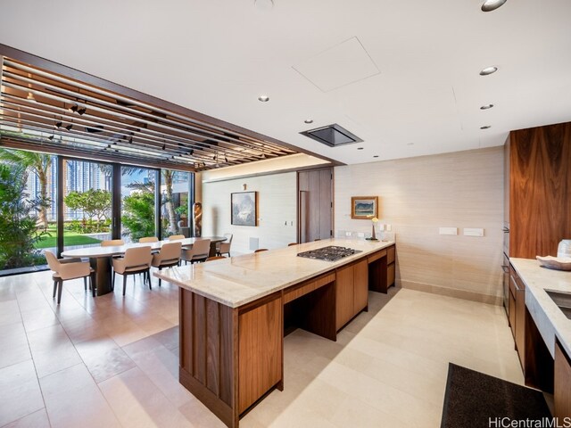 kitchen with light stone countertops and stainless steel gas cooktop