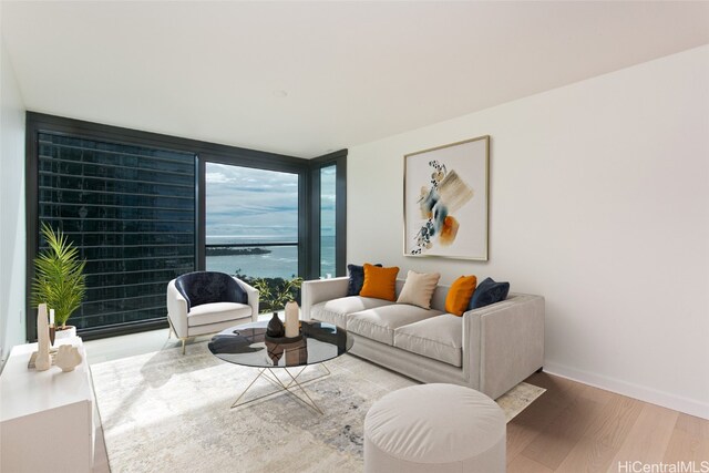 living room with expansive windows, a water view, and hardwood / wood-style flooring