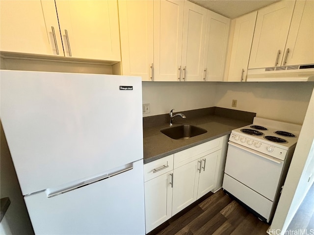 kitchen with white cabinetry, dark hardwood / wood-style flooring, white appliances, and sink