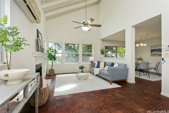 living room featuring ceiling fan with notable chandelier, dark parquet floors, beam ceiling, high vaulted ceiling, and an AC wall unit