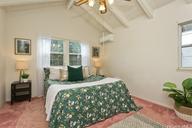 bedroom with an AC wall unit, vaulted ceiling with beams, ceiling fan, and carpet floors