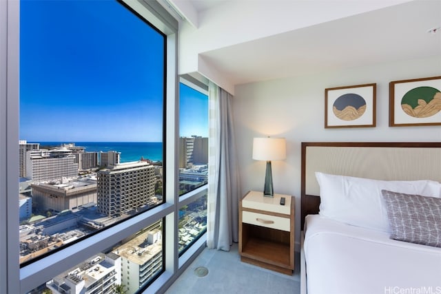 carpeted bedroom with a water view