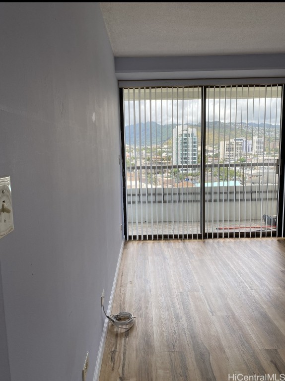 empty room with hardwood / wood-style floors and a textured ceiling