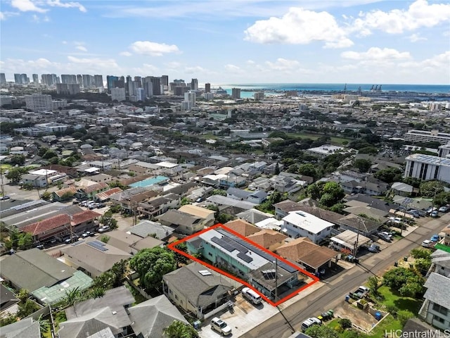 bird's eye view with a water view