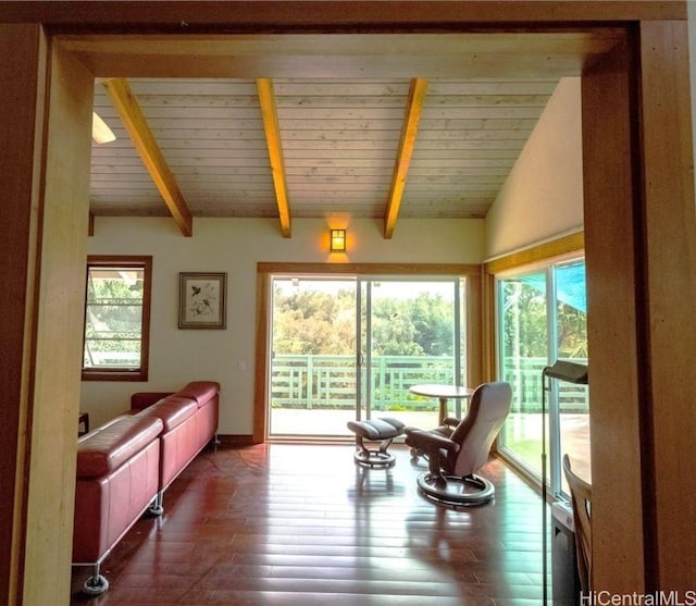 interior space featuring vaulted ceiling with beams and wood ceiling