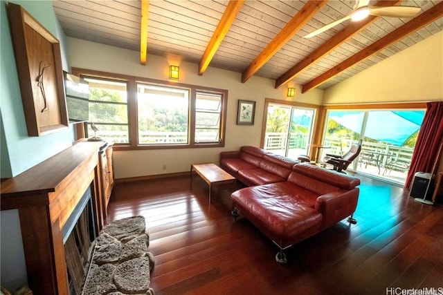 living room featuring lofted ceiling with beams, ceiling fan, dark wood-type flooring, and wood ceiling