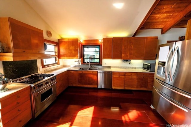 kitchen featuring lofted ceiling, sink, appliances with stainless steel finishes, and tasteful backsplash