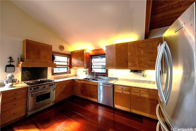 kitchen with tasteful backsplash, stainless steel appliances, sink, dark hardwood / wood-style floors, and lofted ceiling