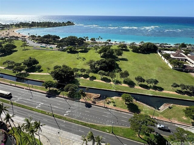 bird's eye view with a water view