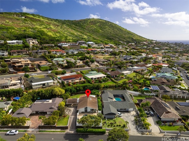 aerial view featuring a residential view and a mountain view