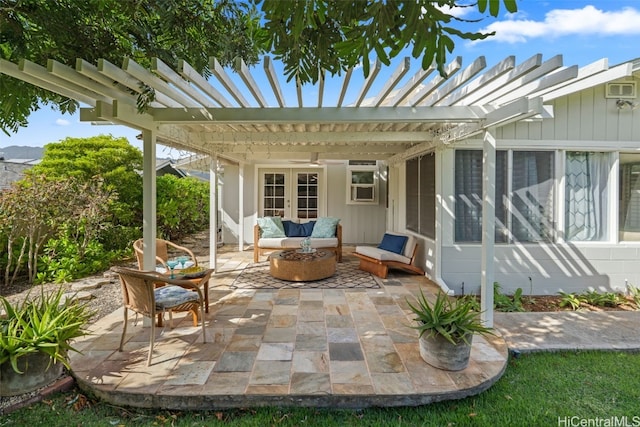 view of patio with french doors, an outdoor hangout area, a sunroom, and a pergola