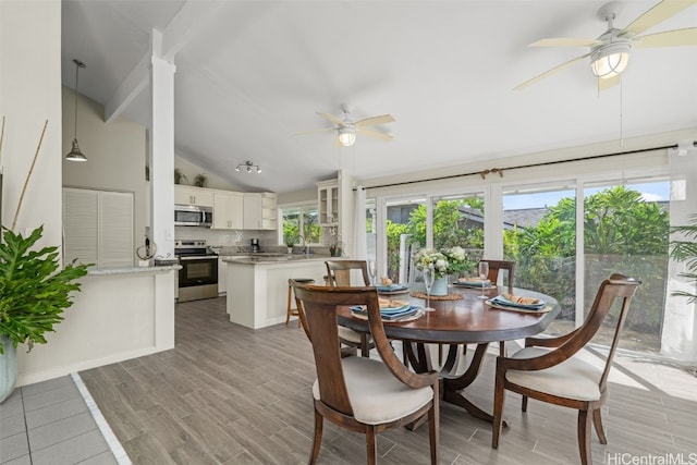 dining space featuring vaulted ceiling, a ceiling fan, and wood finished floors