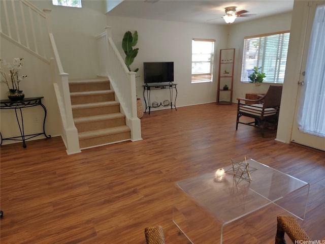 91-1001 Kaihi St, Ewa Beach, HI 96706 - living room featuring stairs, ceiling fan, and wood finished floors
