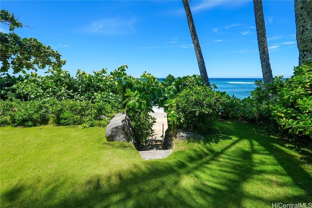 view of yard with a water view