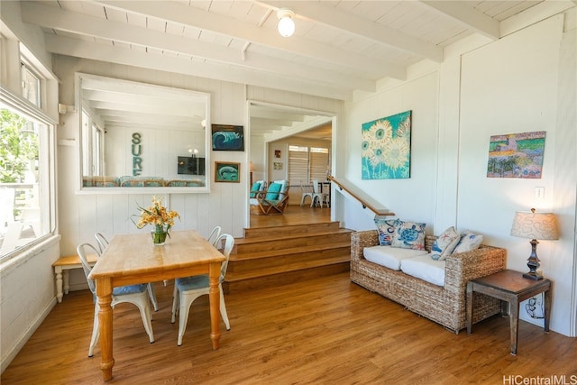 dining area featuring hardwood / wood-style floors, wooden ceiling, and beam ceiling