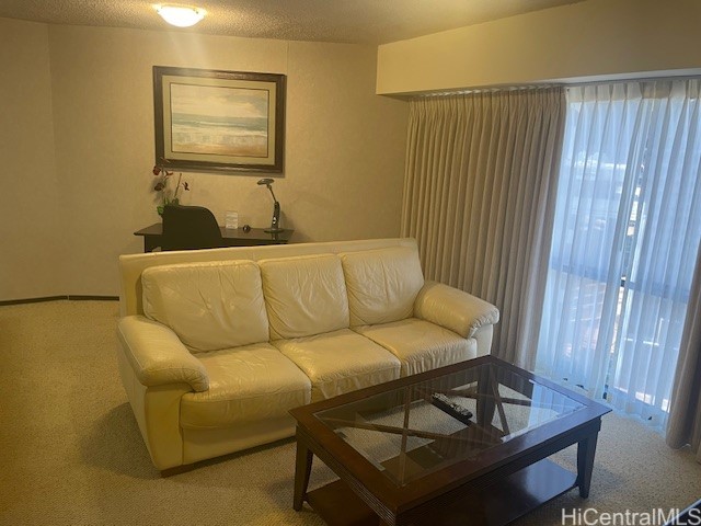 living room featuring carpet floors and a textured ceiling