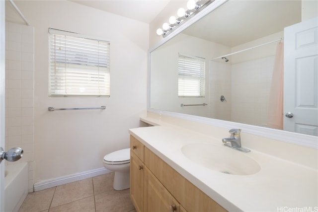 full bathroom featuring toilet, vanity, tile patterned floors, and shower / bathtub combination with curtain