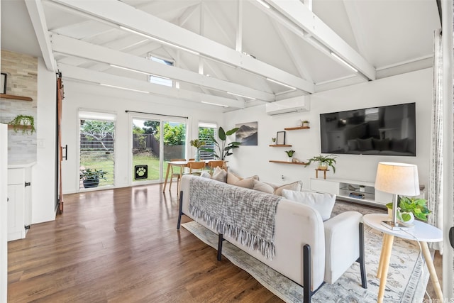living room featuring beamed ceiling, high vaulted ceiling, wood finished floors, and a wall mounted air conditioner