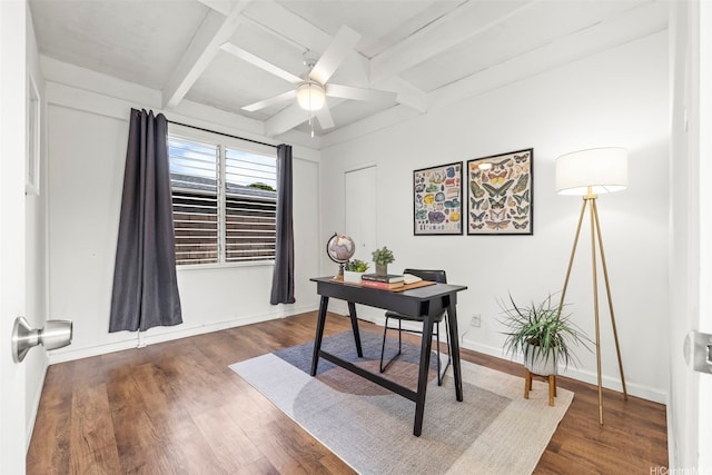 office space featuring coffered ceiling, baseboards, dark wood finished floors, and beam ceiling