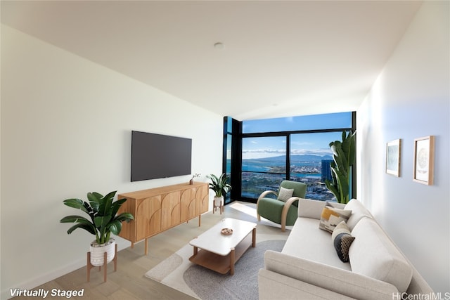 living room with light wood-type flooring and expansive windows