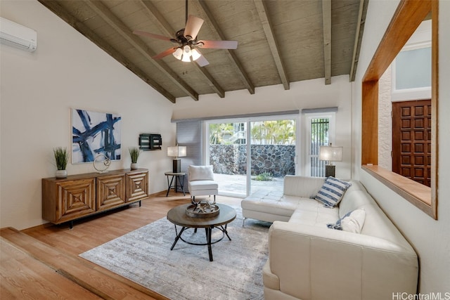 living room with high vaulted ceiling, an AC wall unit, ceiling fan, beam ceiling, and wood-type flooring