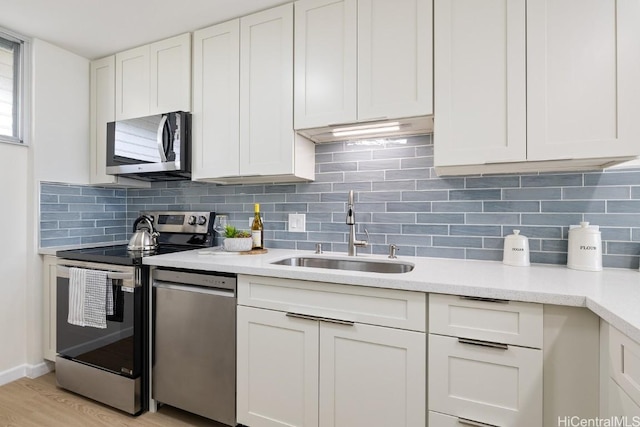 kitchen featuring backsplash, white cabinets, sink, appliances with stainless steel finishes, and light hardwood / wood-style floors