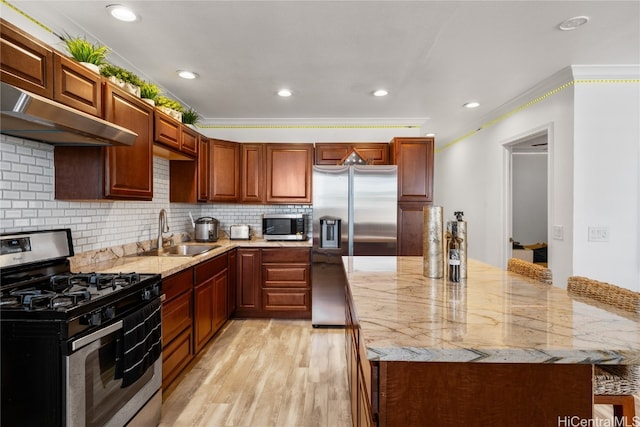 kitchen with crown molding, sink, light stone countertops, light wood-type flooring, and stainless steel appliances