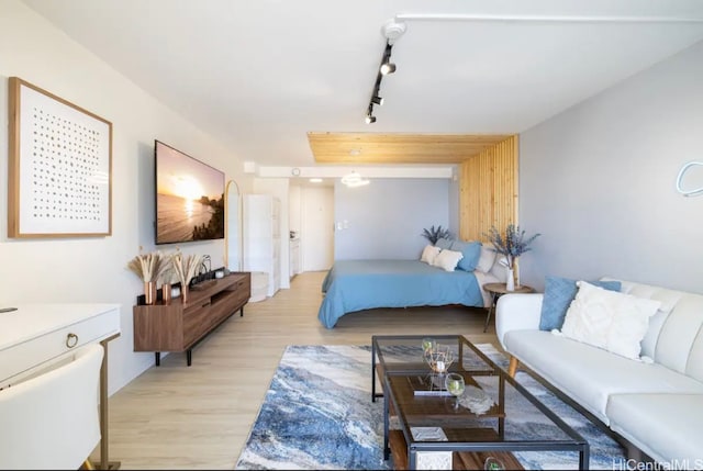 bedroom featuring light wood-type flooring and track lighting