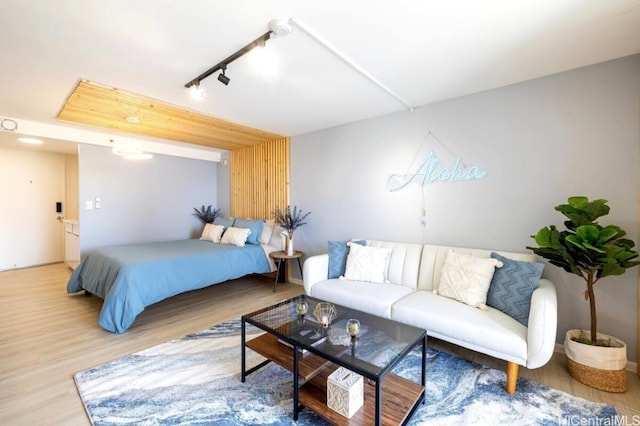 bedroom featuring rail lighting and hardwood / wood-style flooring