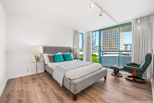 bedroom featuring wood-type flooring, rail lighting, access to outside, and expansive windows