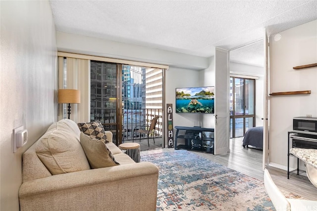 living room with a textured ceiling, light hardwood / wood-style flooring, and a wealth of natural light