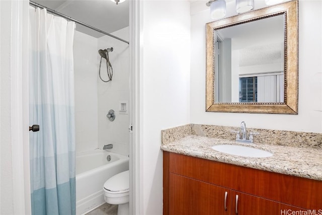 full bathroom featuring vanity, a textured ceiling, toilet, and shower / bath combo with shower curtain