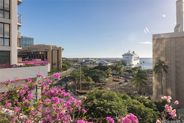 exterior space with a water view