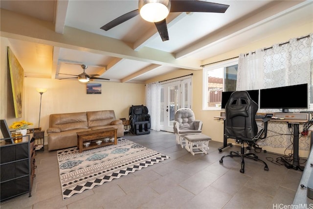 office area featuring ceiling fan, beam ceiling, and french doors