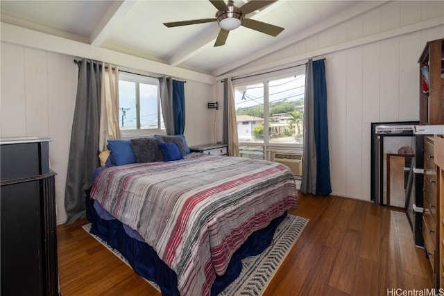 bedroom featuring multiple windows, lofted ceiling with beams, and dark hardwood / wood-style floors